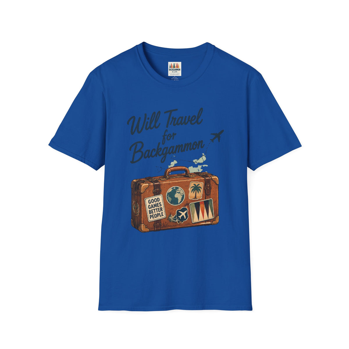 Backgammon Travel T-Shirt — "Will Travel for Backgammon" Vintage Suitcase Design