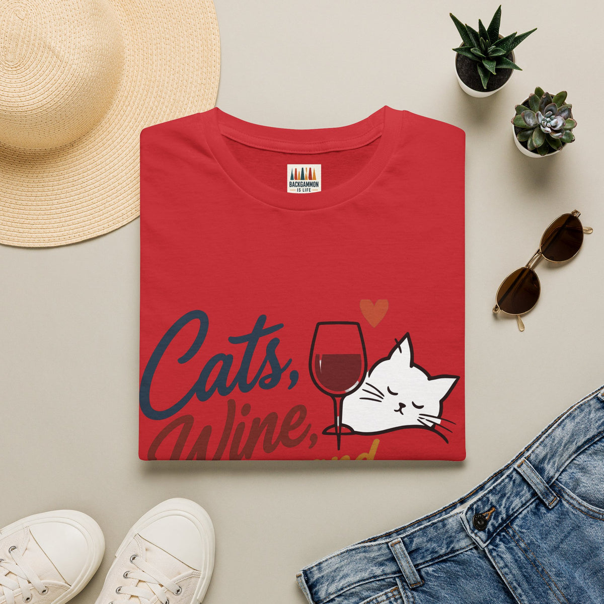 Cats, Wine & Backgammon T-Shirt — Funny Cat Lover Graphic Tee