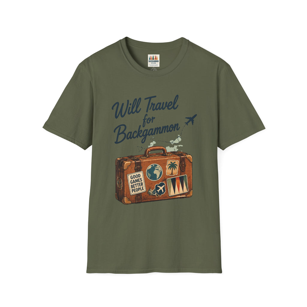 Backgammon Travel T-Shirt — "Will Travel for Backgammon" Vintage Suitcase Design