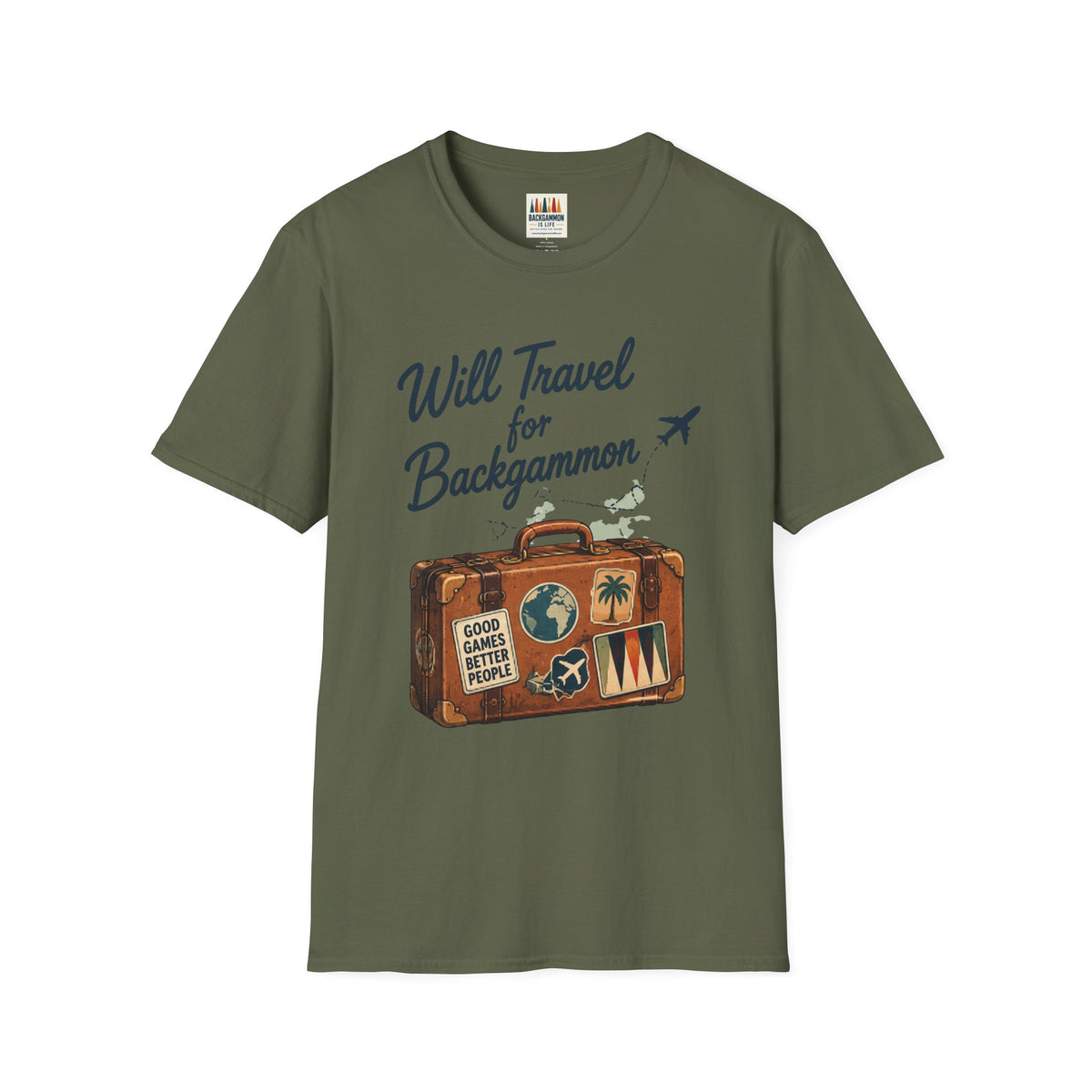 Backgammon Travel T-Shirt — "Will Travel for Backgammon" Vintage Suitcase Design