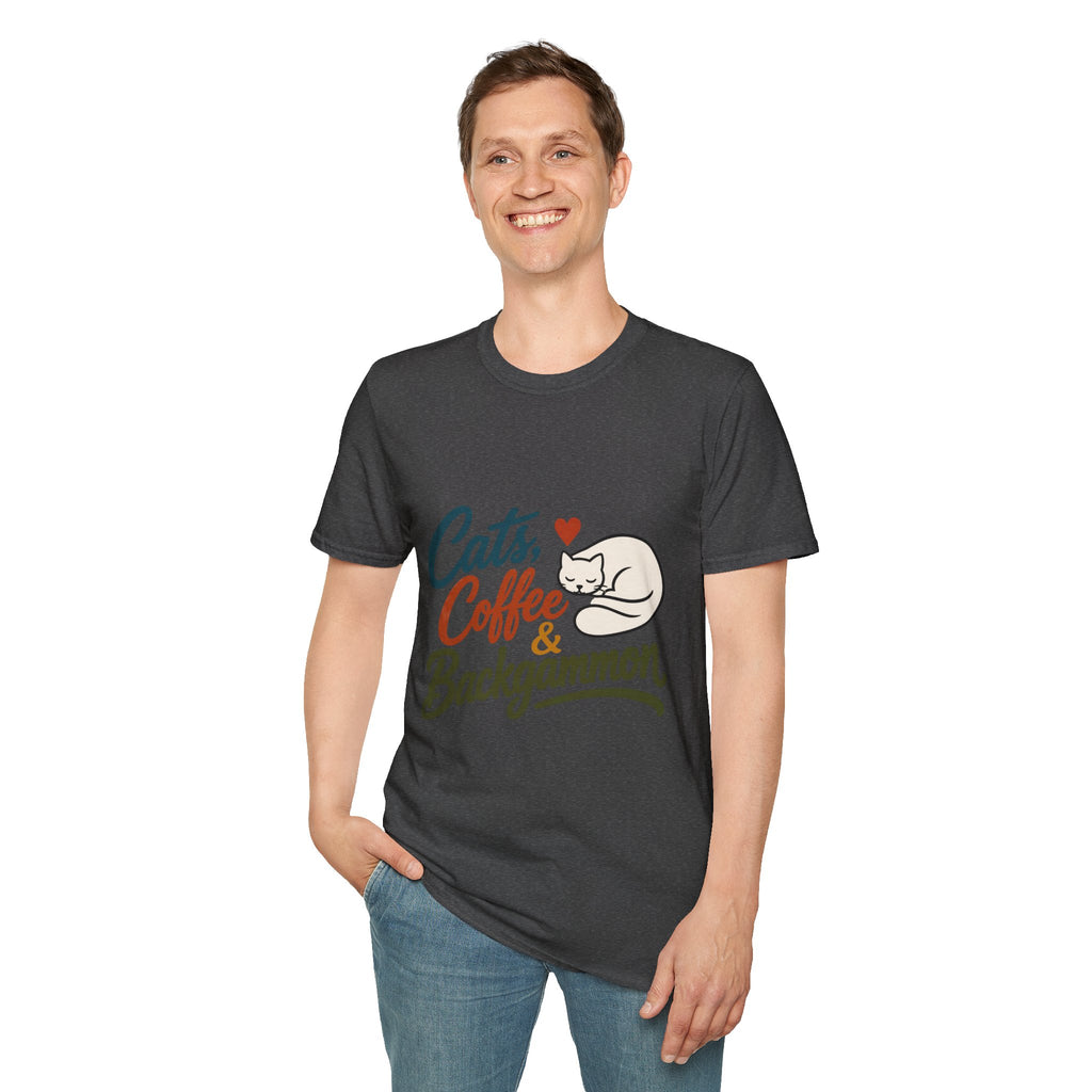Cats, Coffee & Backgammon 2 T-Shirt — Retro Cat Lover Tee