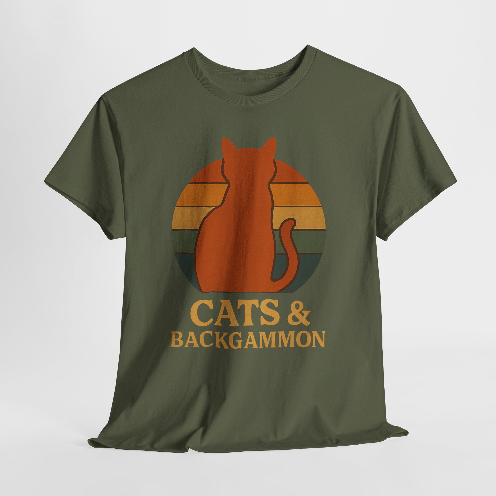 Retro Cat Silhouette Cats & Backgammon T-Shirt | Vintage Sunset Cat Tee