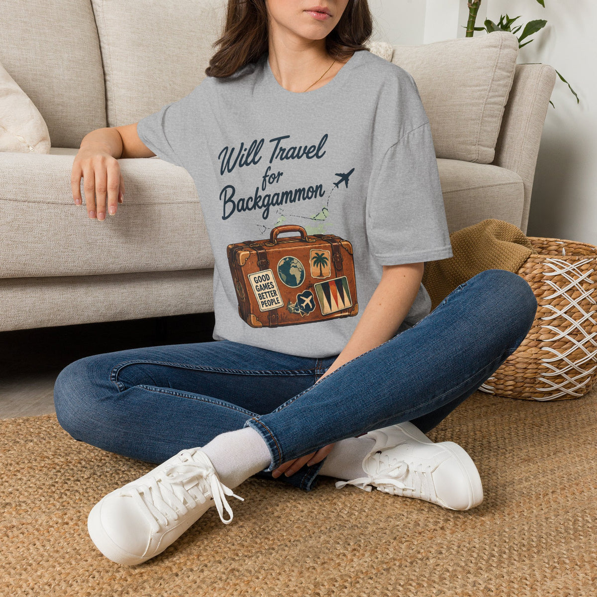 Backgammon Travel T-Shirt — "Will Travel for Backgammon" Vintage Suitcase Design