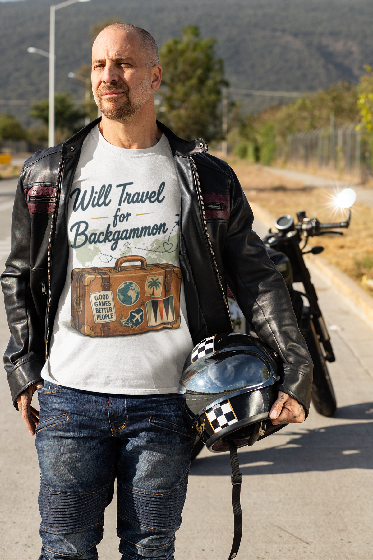 Backgammon Travel T-Shirt — "Will Travel for Backgammon" Vintage Suitcase Design