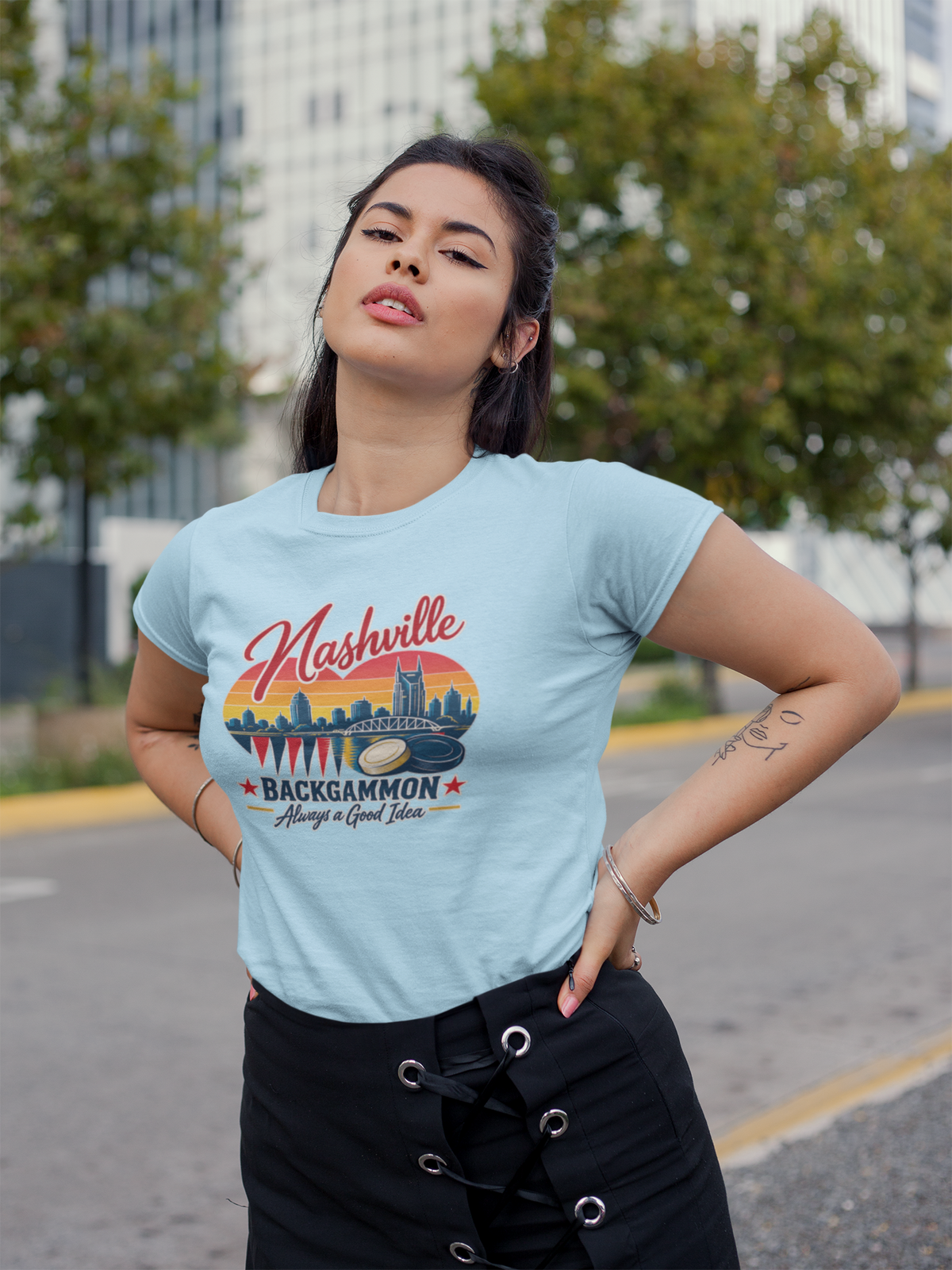 Nashville Backgammon T‑Shirt — Vintage Skyline Game Night Tee
