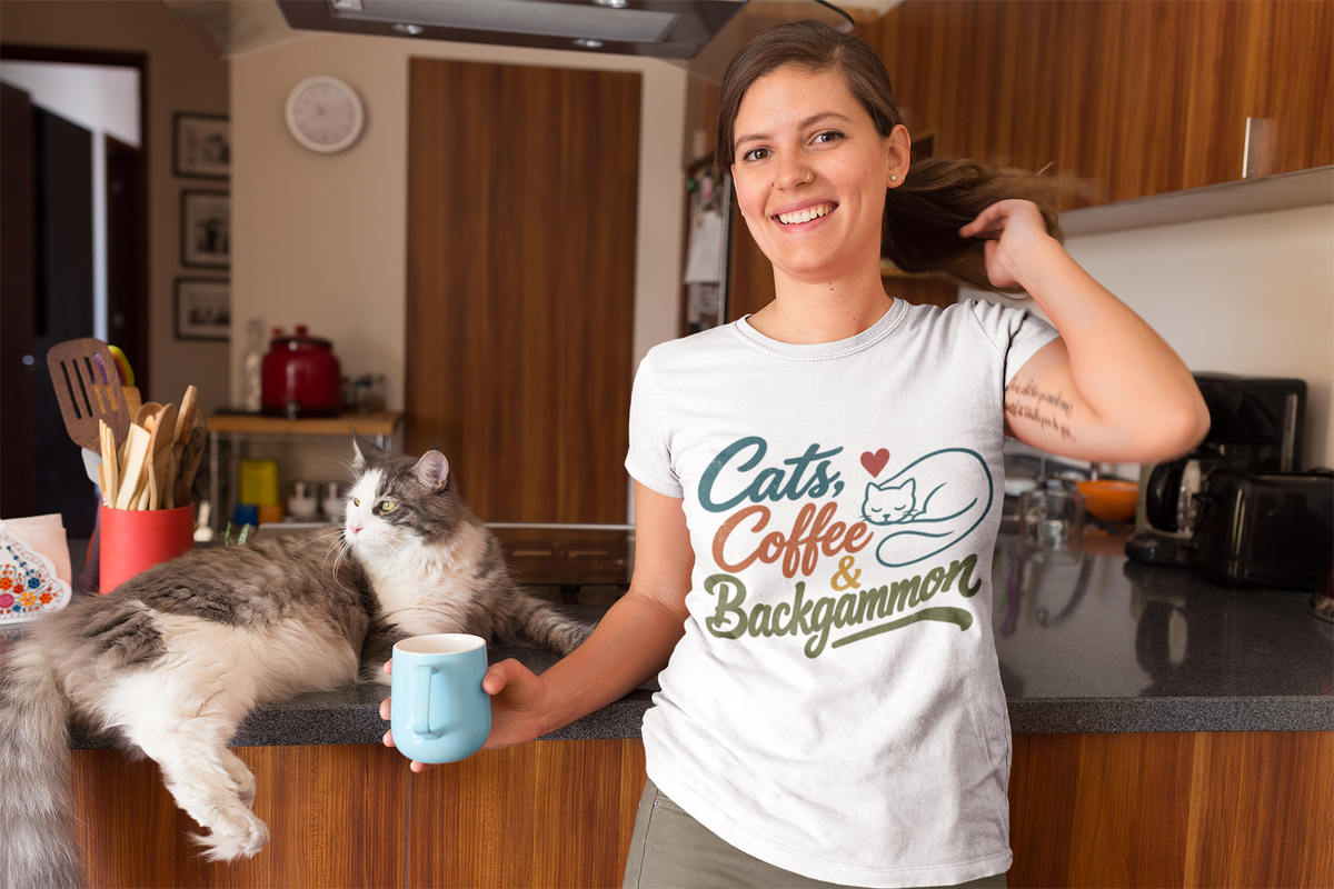 Cats, Coffee & Backgammon 2 T-Shirt — Retro Cat Lover Tee