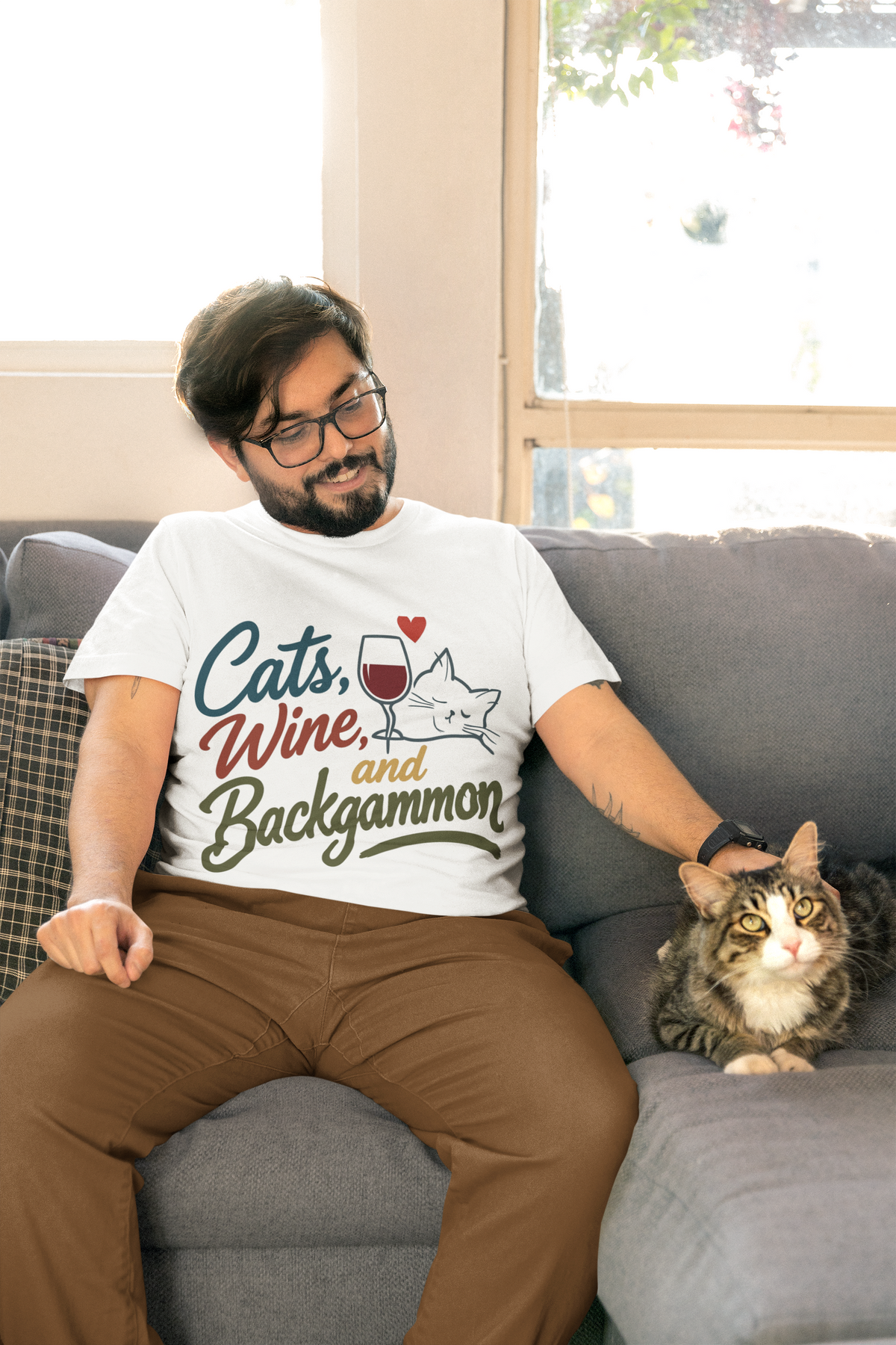 Cats, Wine & Backgammon T-Shirt — Funny Cat Lover Graphic Tee