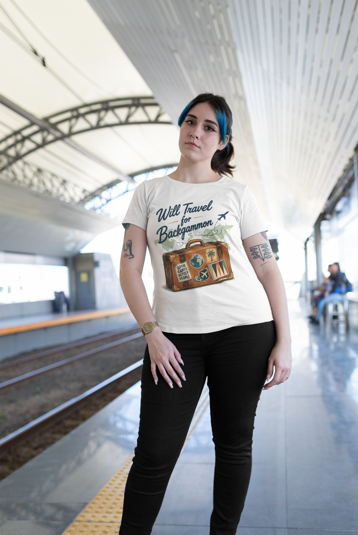 Backgammon Travel T-Shirt — "Will Travel for Backgammon" Vintage Suitcase Design