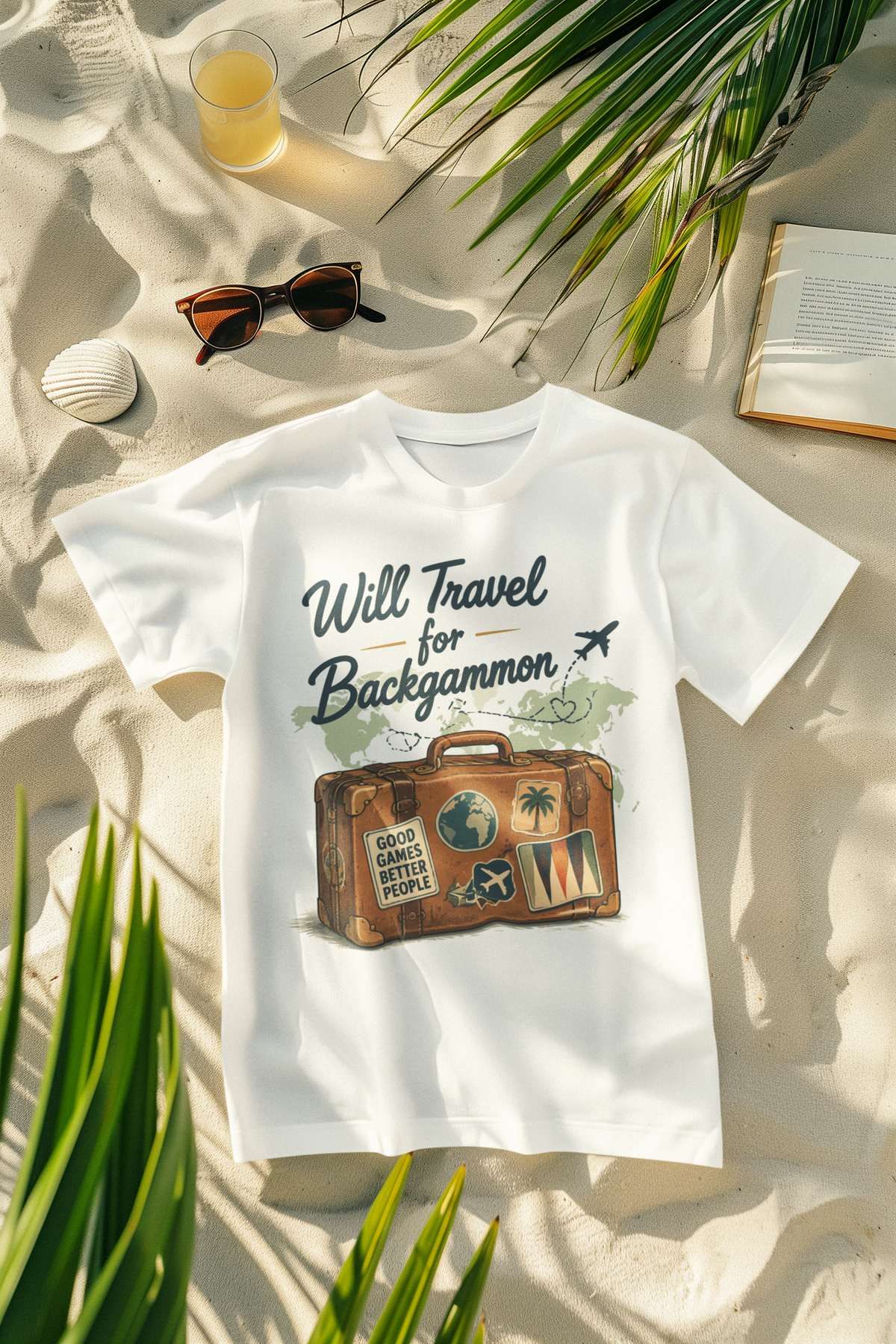Backgammon Travel T-Shirt — "Will Travel for Backgammon" Vintage Suitcase Design