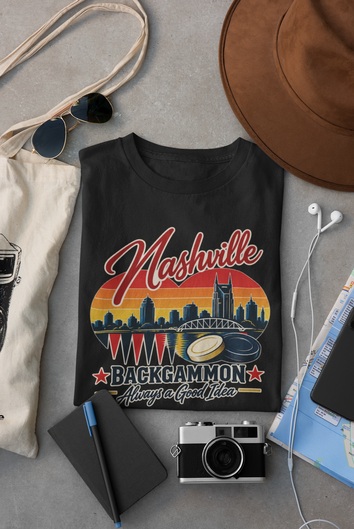 Nashville Backgammon T‑Shirt — Vintage Skyline Game Night Tee