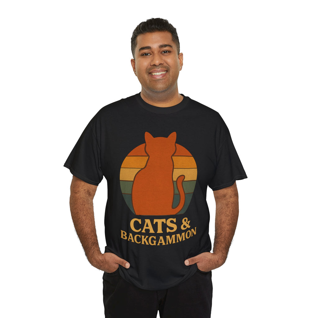 Retro Cat Silhouette Cats & Backgammon T-Shirt | Vintage Sunset Cat Tee