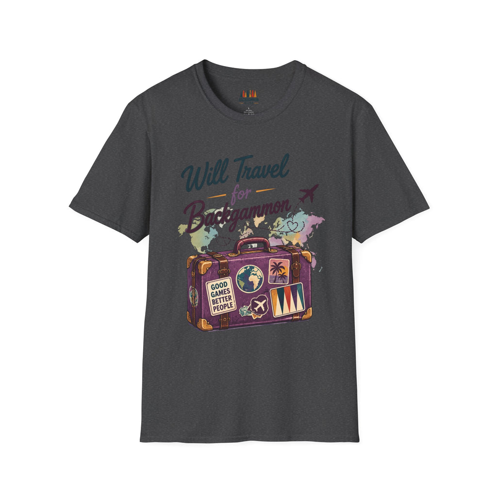 Backgammon Travel T-Shirt — "Will Travel for Backgammon" Vintage Suitcase Design