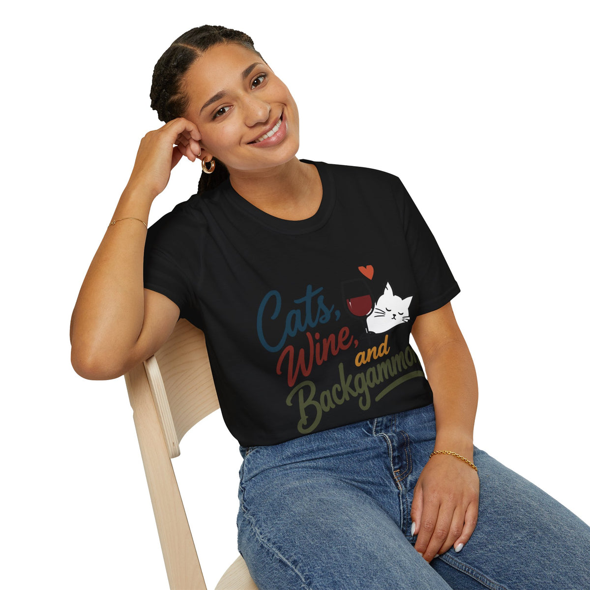 Cats, Wine & Backgammon T-Shirt — Funny Cat Lover Graphic Tee