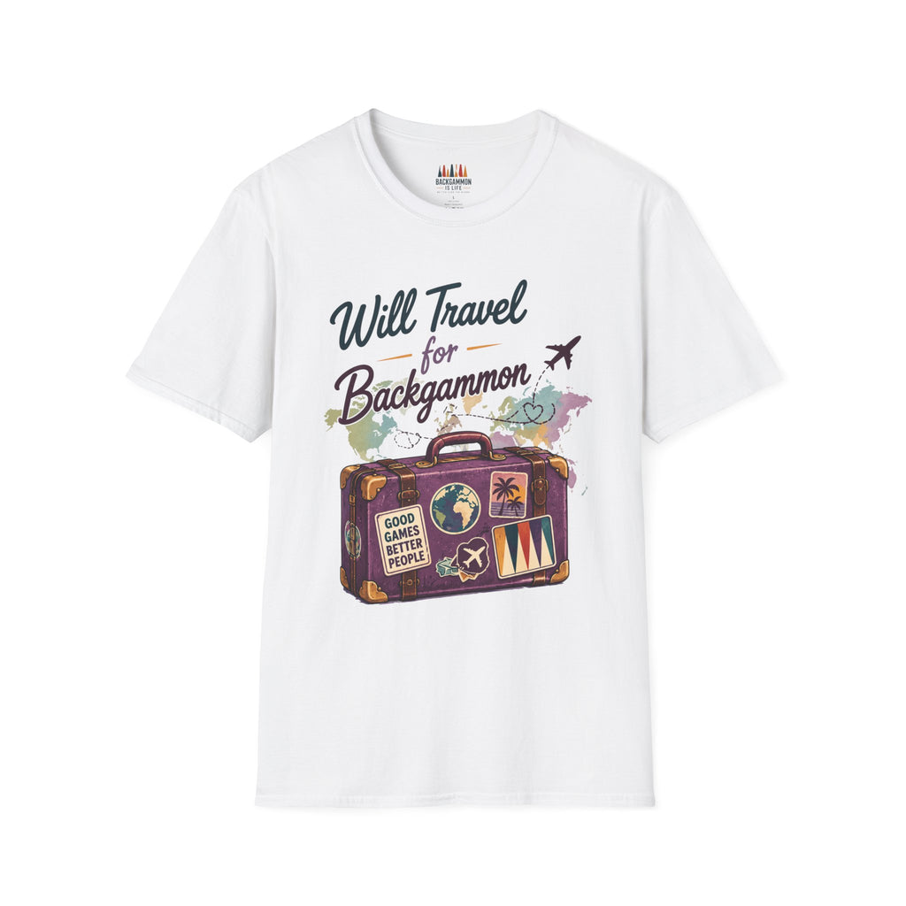 Backgammon Travel T-Shirt — "Will Travel for Backgammon" Vintage Suitcase Design