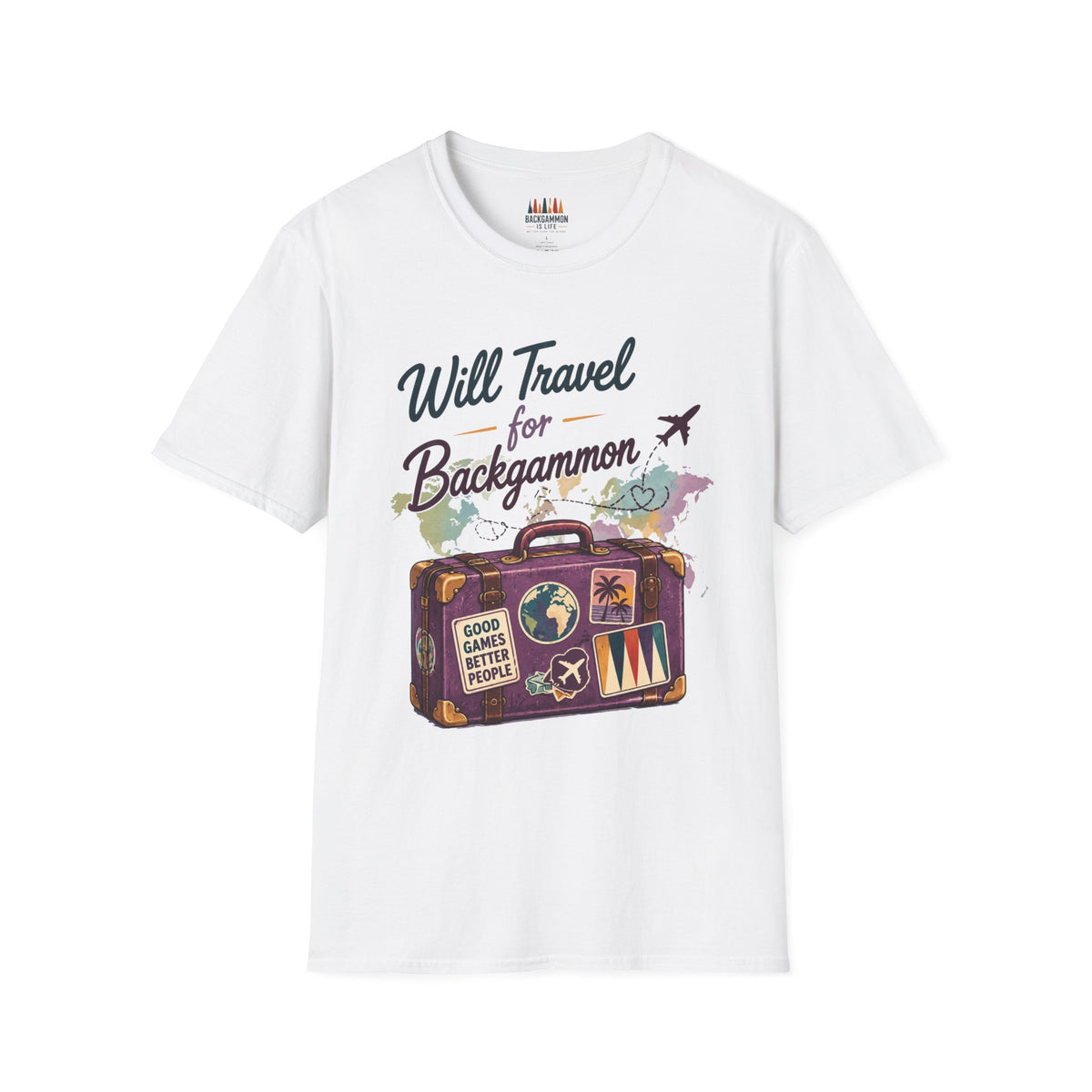 Backgammon Travel T-Shirt — "Will Travel for Backgammon" Vintage Suitcase Design