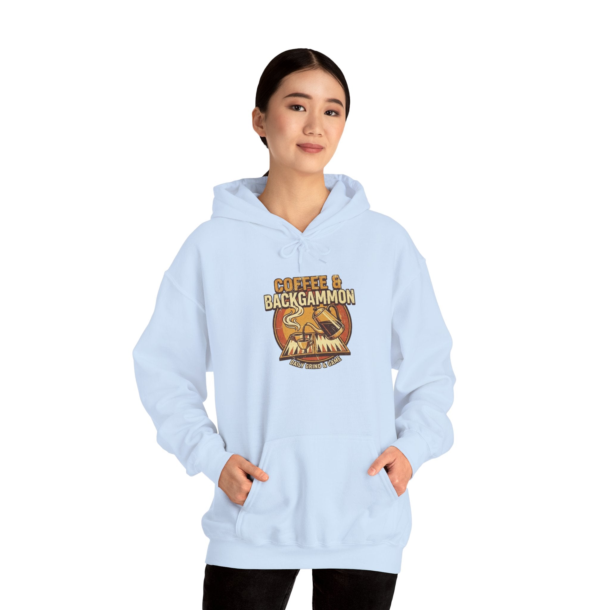 Coffee & Backgammon Unisex Heavy Blend™ Hooded Sweatshirt — Retro Coffee Lovers Game Night Sweatshirt