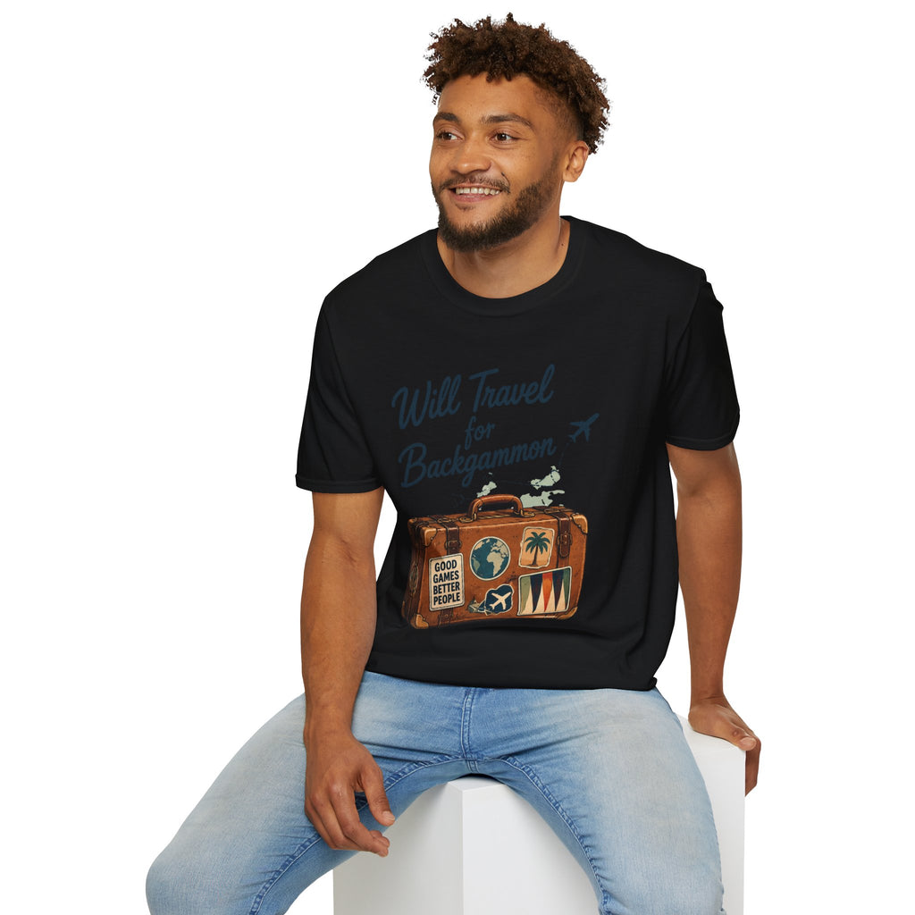 Backgammon Travel T-Shirt — "Will Travel for Backgammon" Vintage Suitcase Design