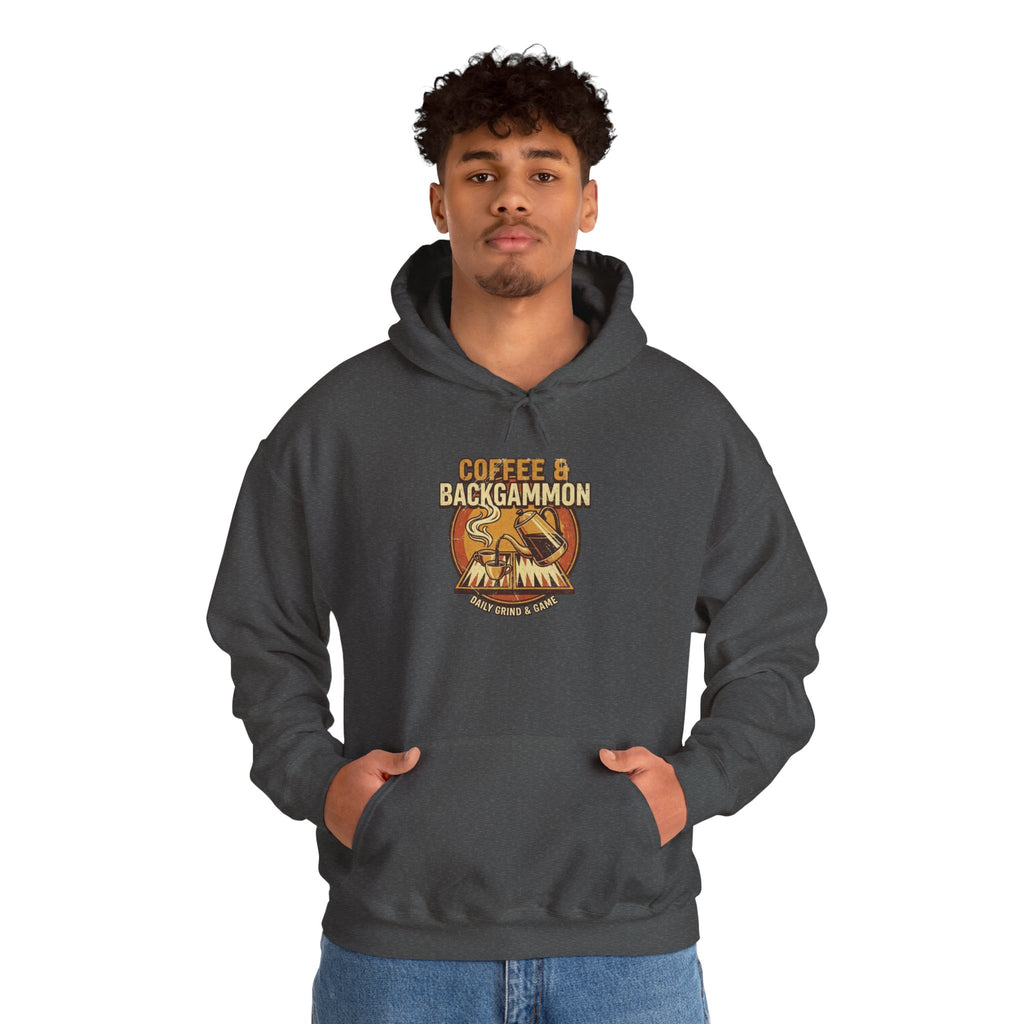 Coffee & Backgammon Unisex Heavy Blend™ Hooded Sweatshirt — Retro Coffee Lovers Game Night Sweatshirt