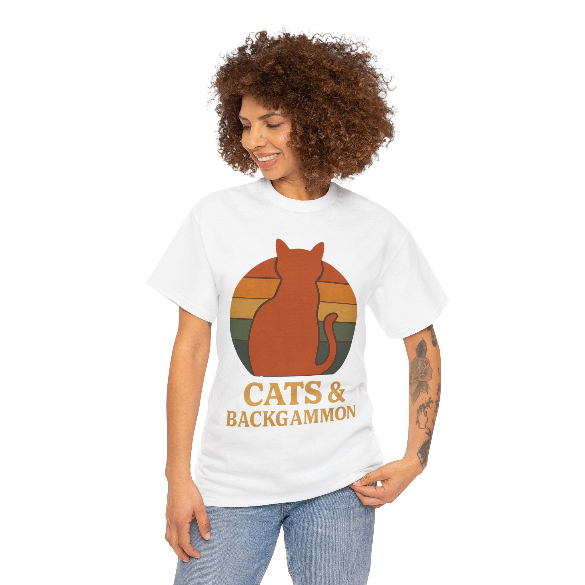 Retro Cat Silhouette Cats & Backgammon T-Shirt | Vintage Sunset Cat Tee