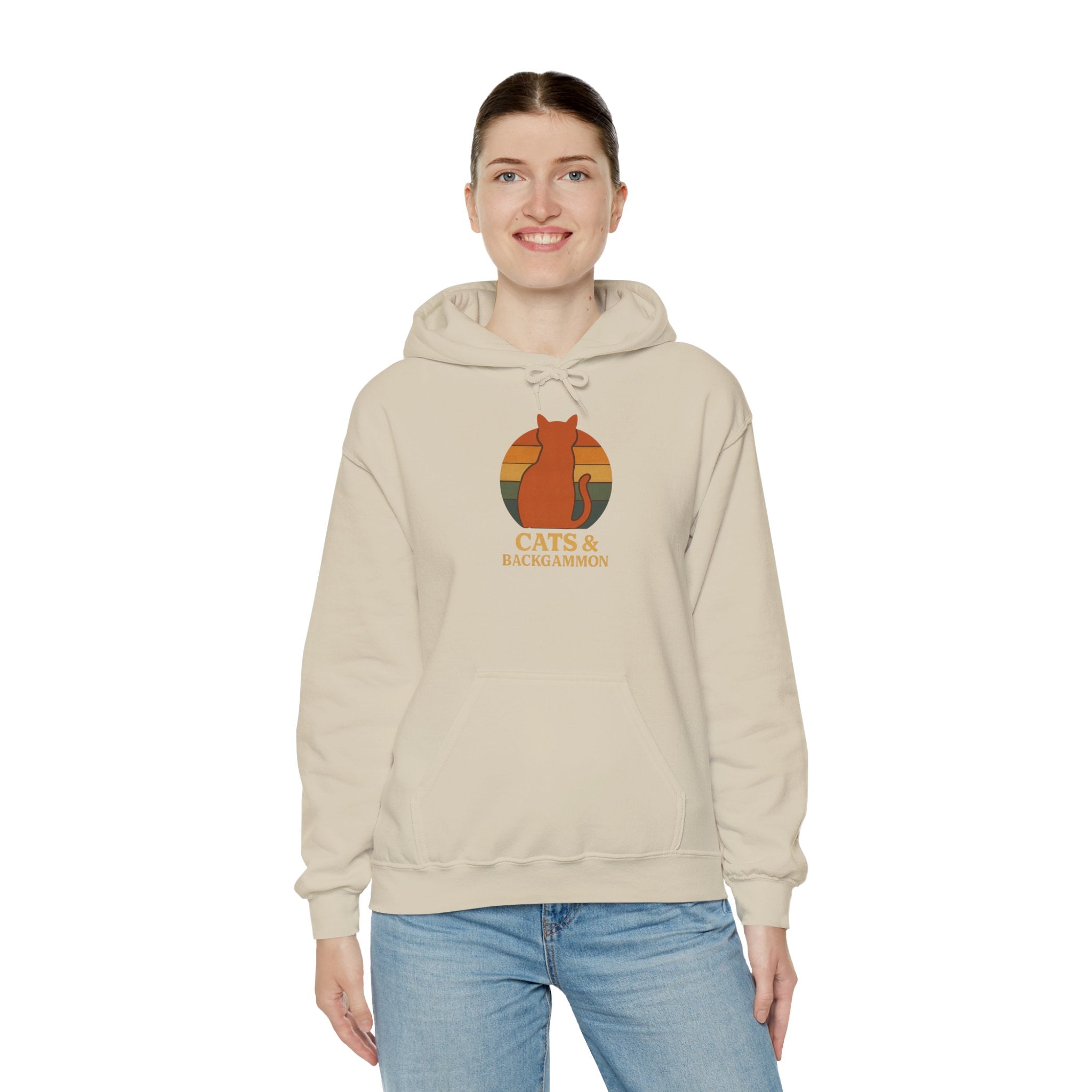 Cats & Backgammon Hoodie — Retro Sunset Cat Game Lover Pullover