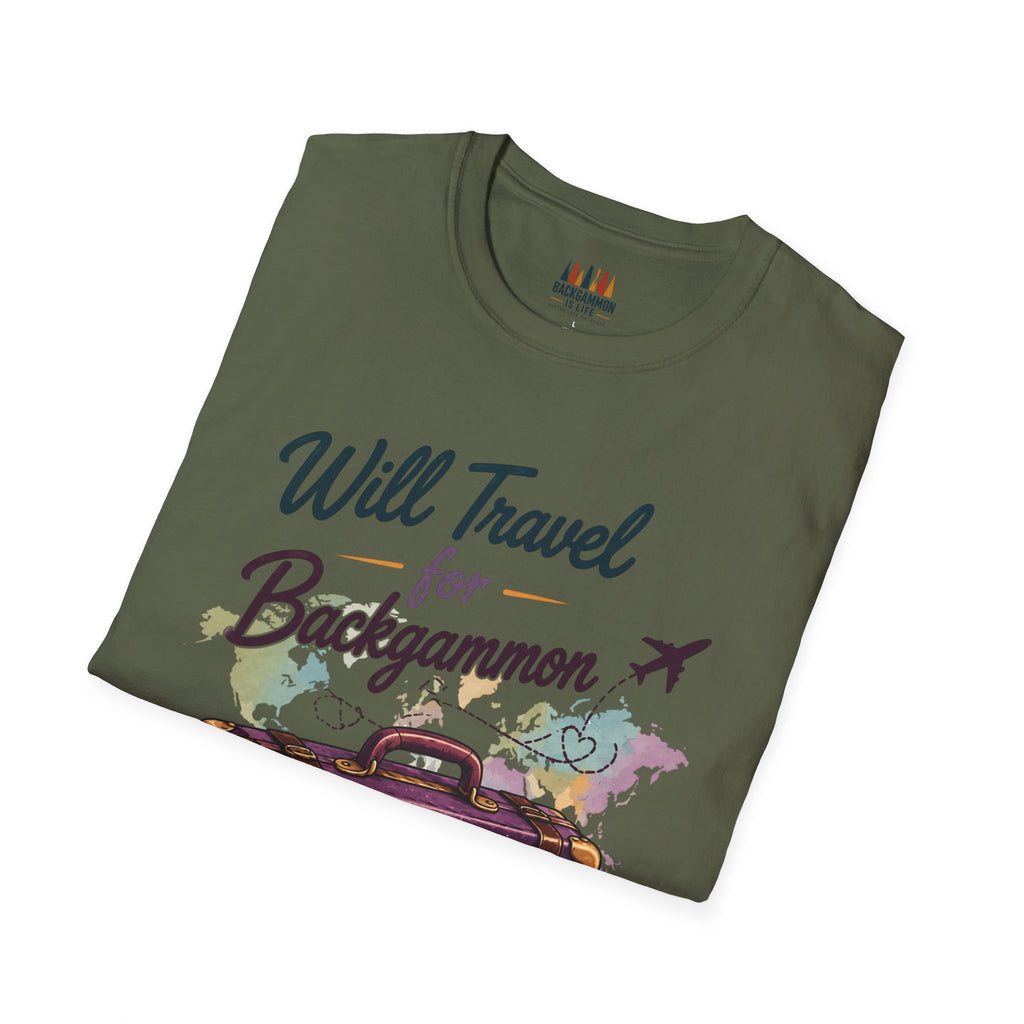 Backgammon Travel T-Shirt — "Will Travel for Backgammon" Vintage Suitcase Design
