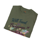 Backgammon Travel T-Shirt — "Will Travel for Backgammon" Vintage Suitcase Design