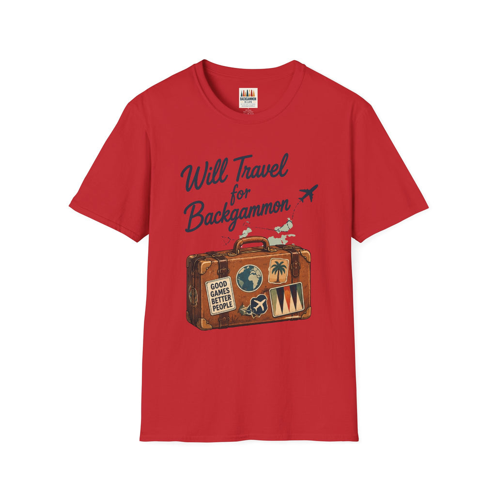 Backgammon Travel T-Shirt — "Will Travel for Backgammon" Vintage Suitcase Design