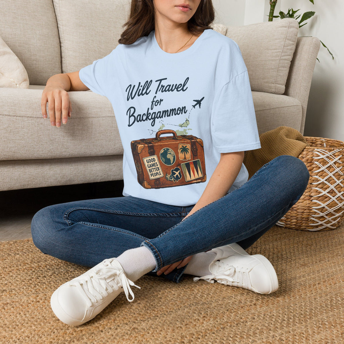 Backgammon Travel T-Shirt — "Will Travel for Backgammon" Vintage Suitcase Design