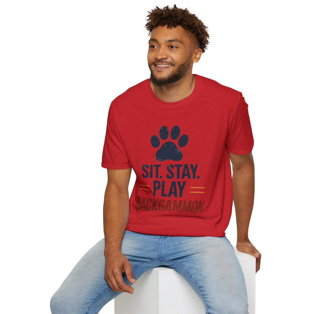 Backgammon T-Shirt — "Sit. Stay. Play Backgammon" Paw Print Tee