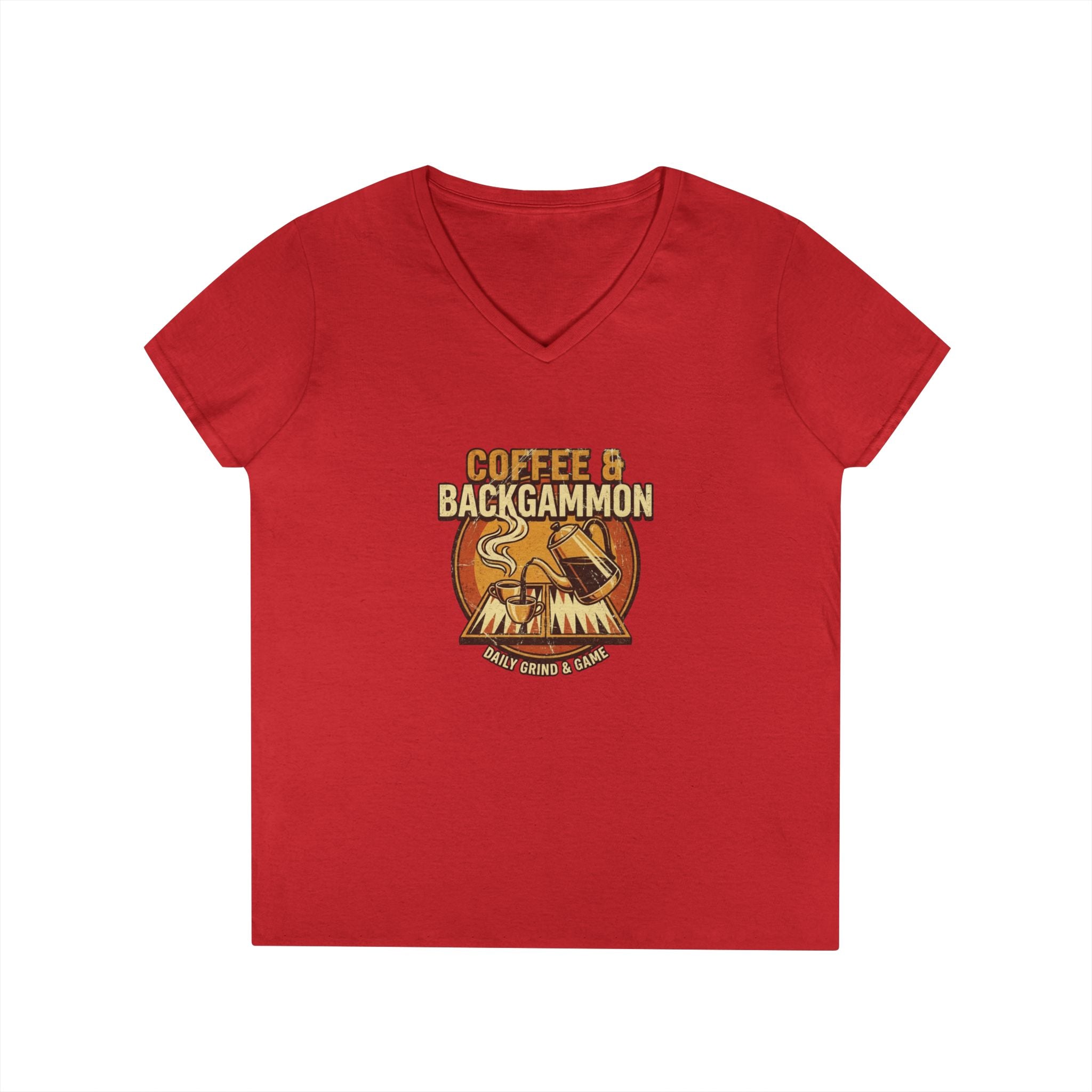Coffee & Backgammon Ladies' V-Neck T-Shirt — Women's Casual Game Night Shirt
