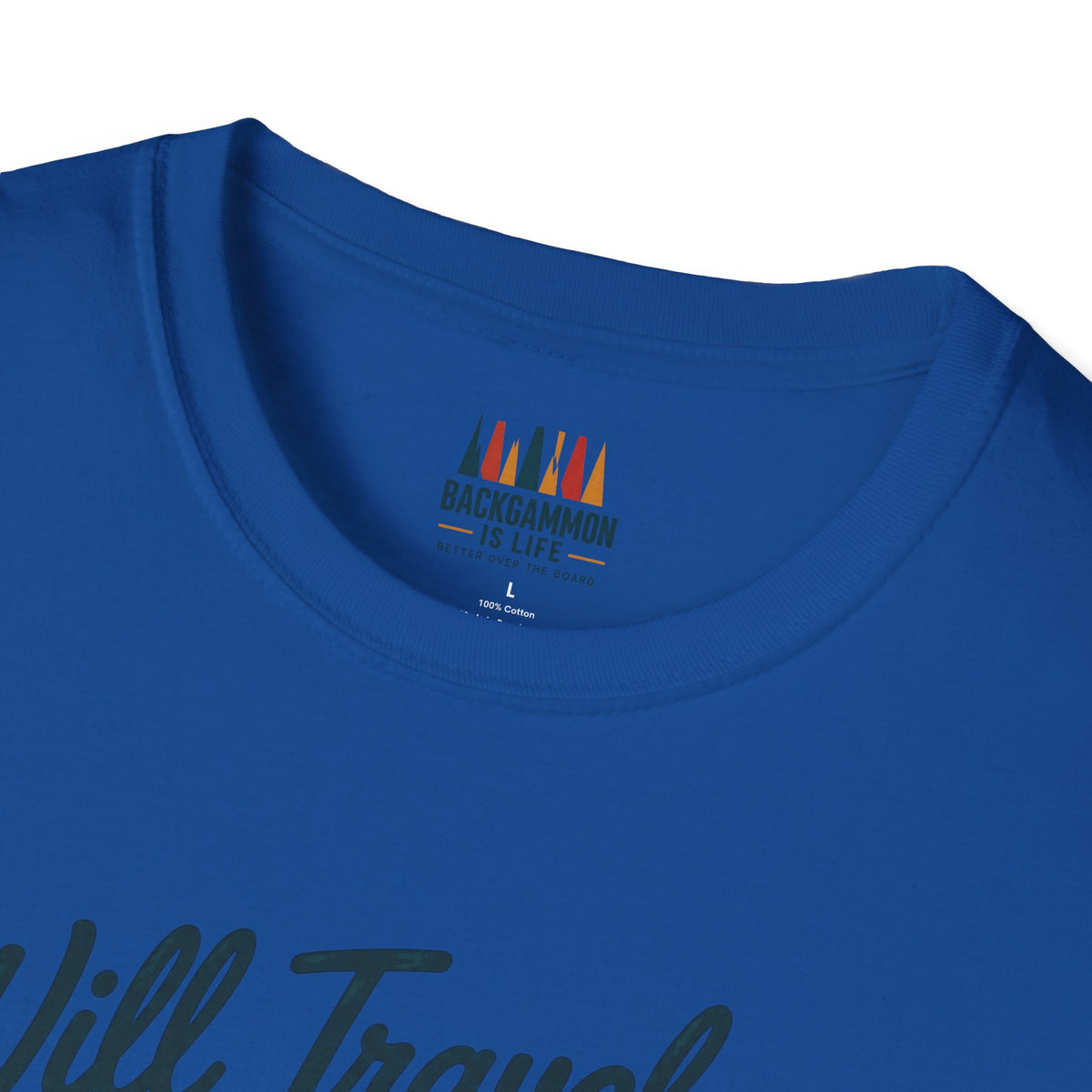 Backgammon Travel T-Shirt — "Will Travel for Backgammon" Vintage Suitcase Design