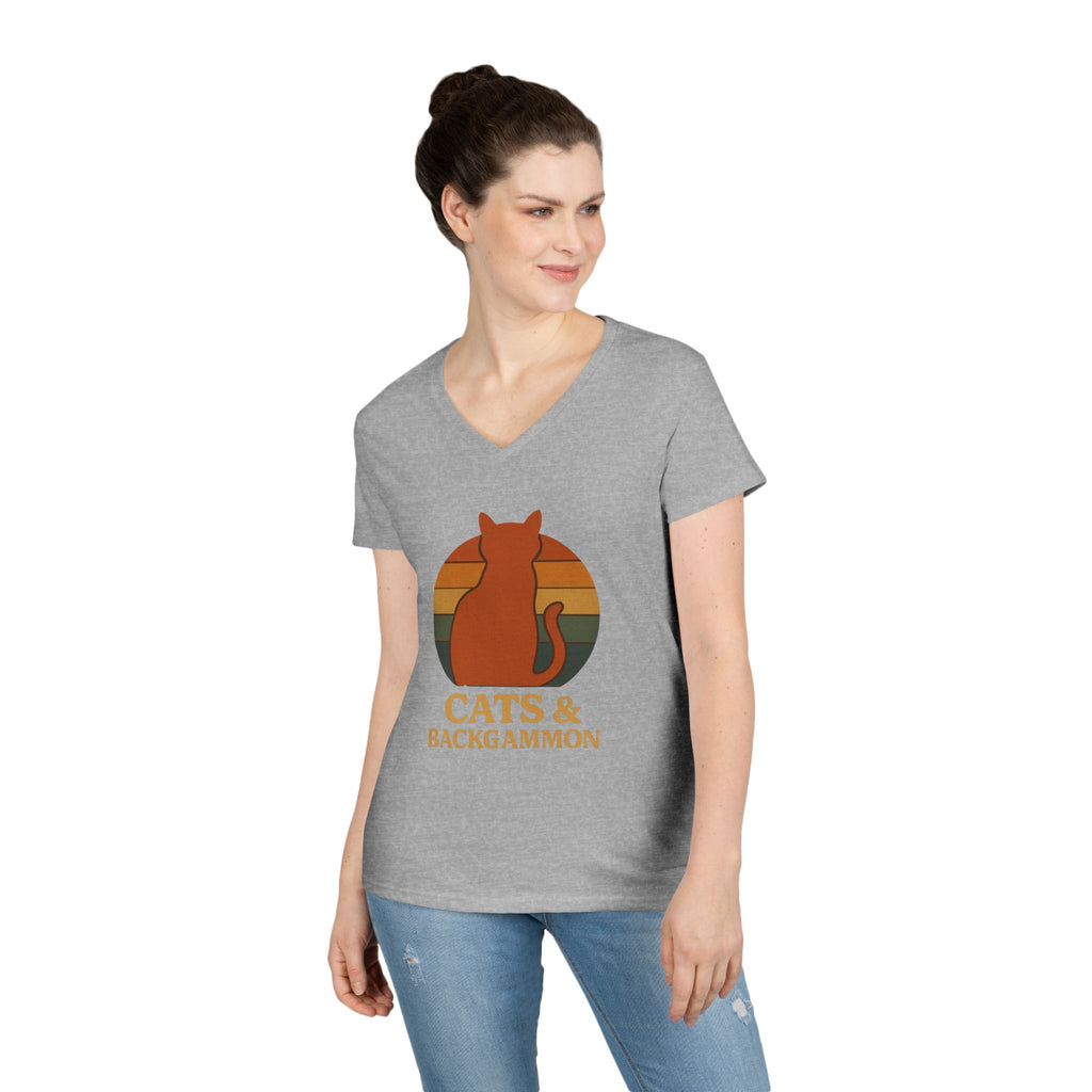 Cats & Backgammon ladies V-Neck Tee — Retro Cat Graphic Shirt for Players & Cat Lovers