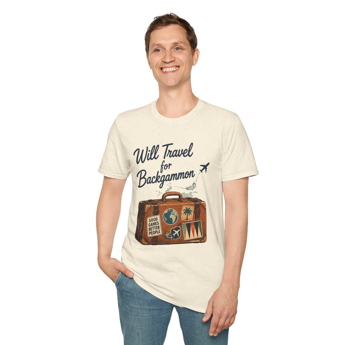 Backgammon Travel T-Shirt — "Will Travel for Backgammon" Vintage Suitcase Design