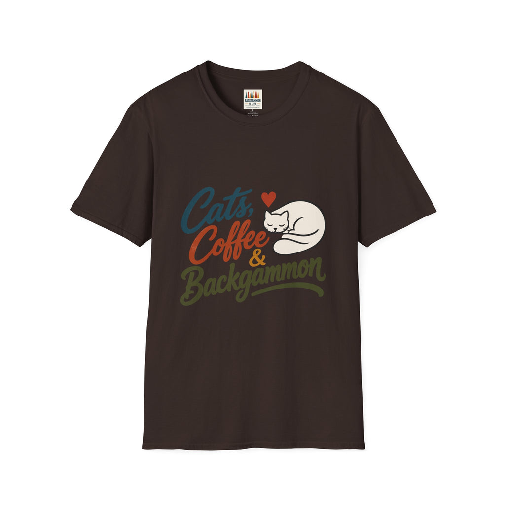 Cats, Coffee & Backgammon 2 T-Shirt — Retro Cat Lover Tee