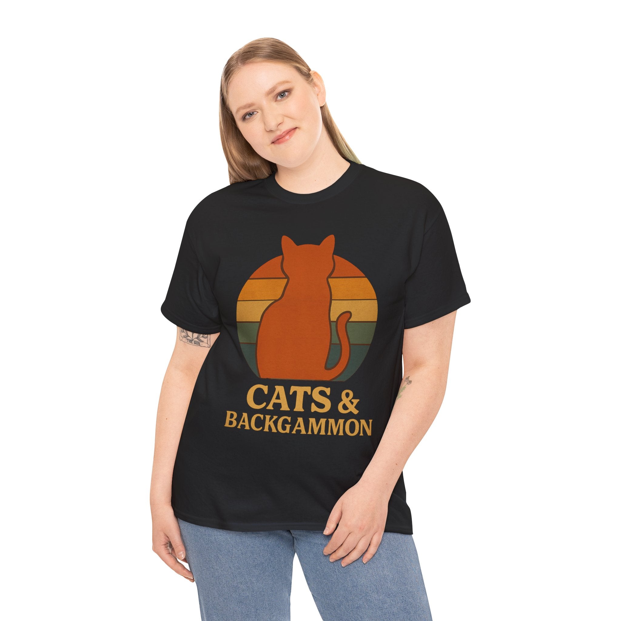 Retro Cat Silhouette Cats & Backgammon T-Shirt | Vintage Sunset Cat Tee