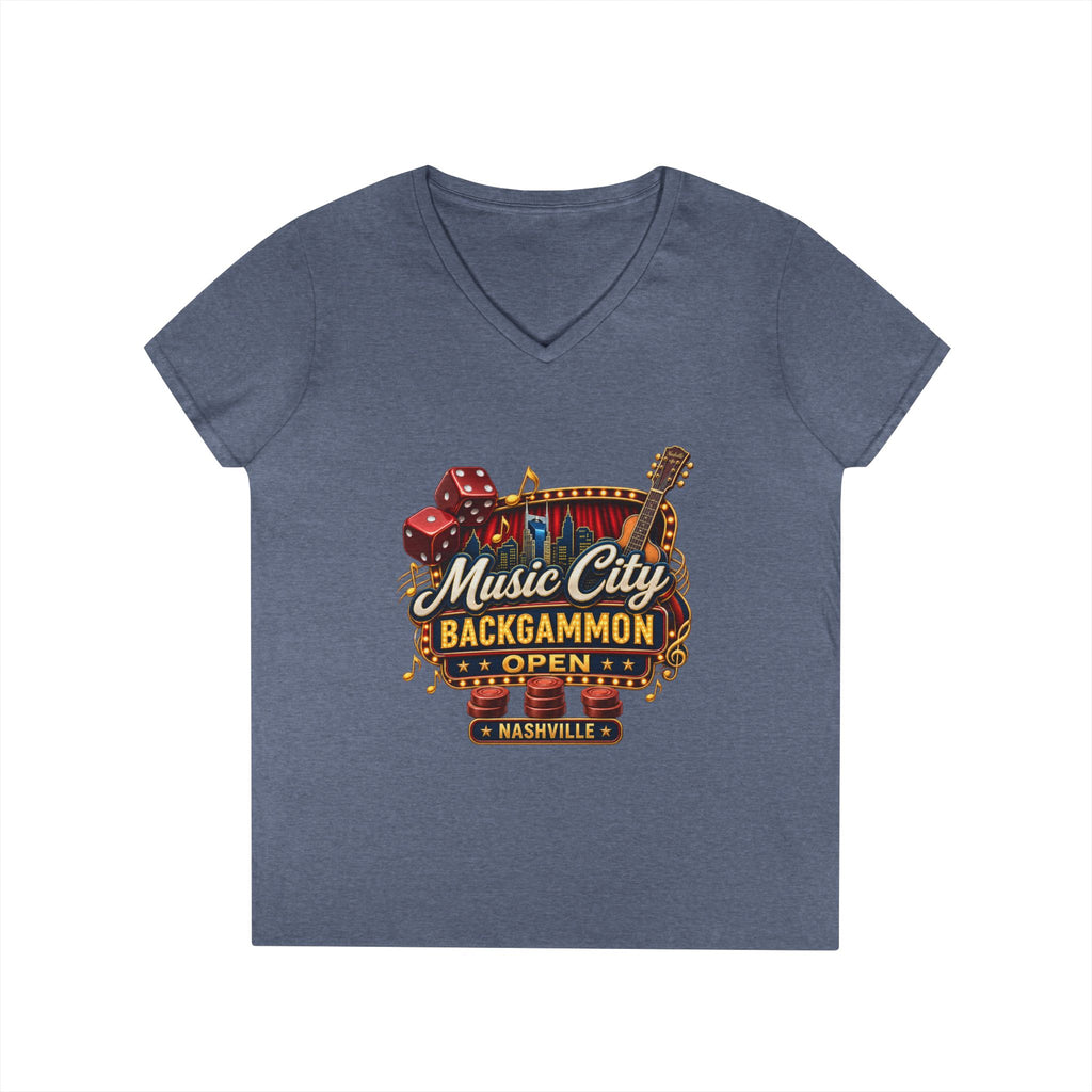 Music City Backgammon Open Ladies' V-Neck T-Shirt — Nashville Guitar & Dice Tournament Tee