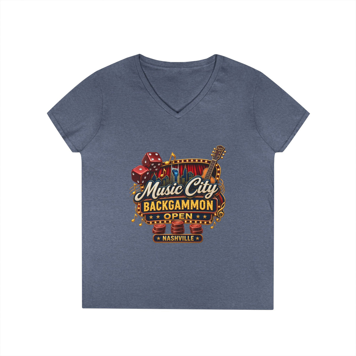 Music City Backgammon Open Ladies' V-Neck T-Shirt — Nashville Guitar & Dice Tournament Tee
