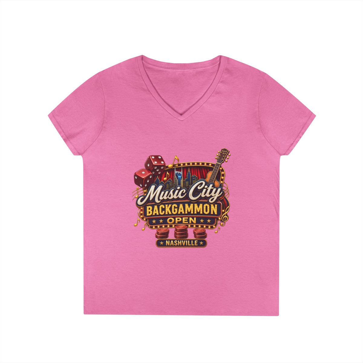 Music City Backgammon Open Ladies' V-Neck T-Shirt — Nashville Guitar & Dice Tournament Tee