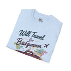 Backgammon Travel T-Shirt — "Will Travel for Backgammon" Vintage Suitcase Design
