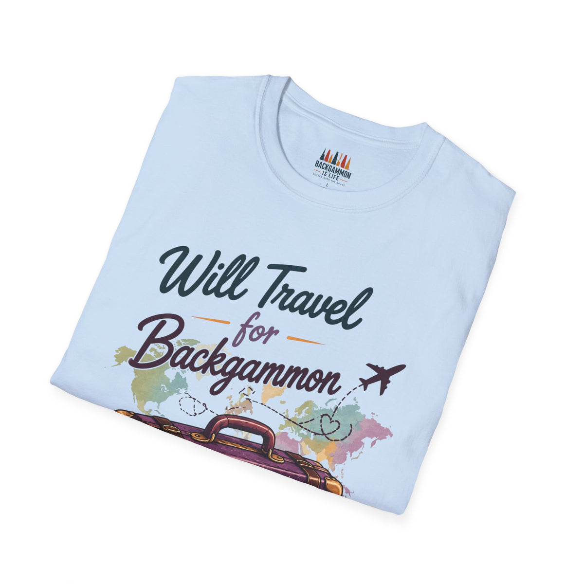 Backgammon Travel T-Shirt — "Will Travel for Backgammon" Vintage Suitcase Design