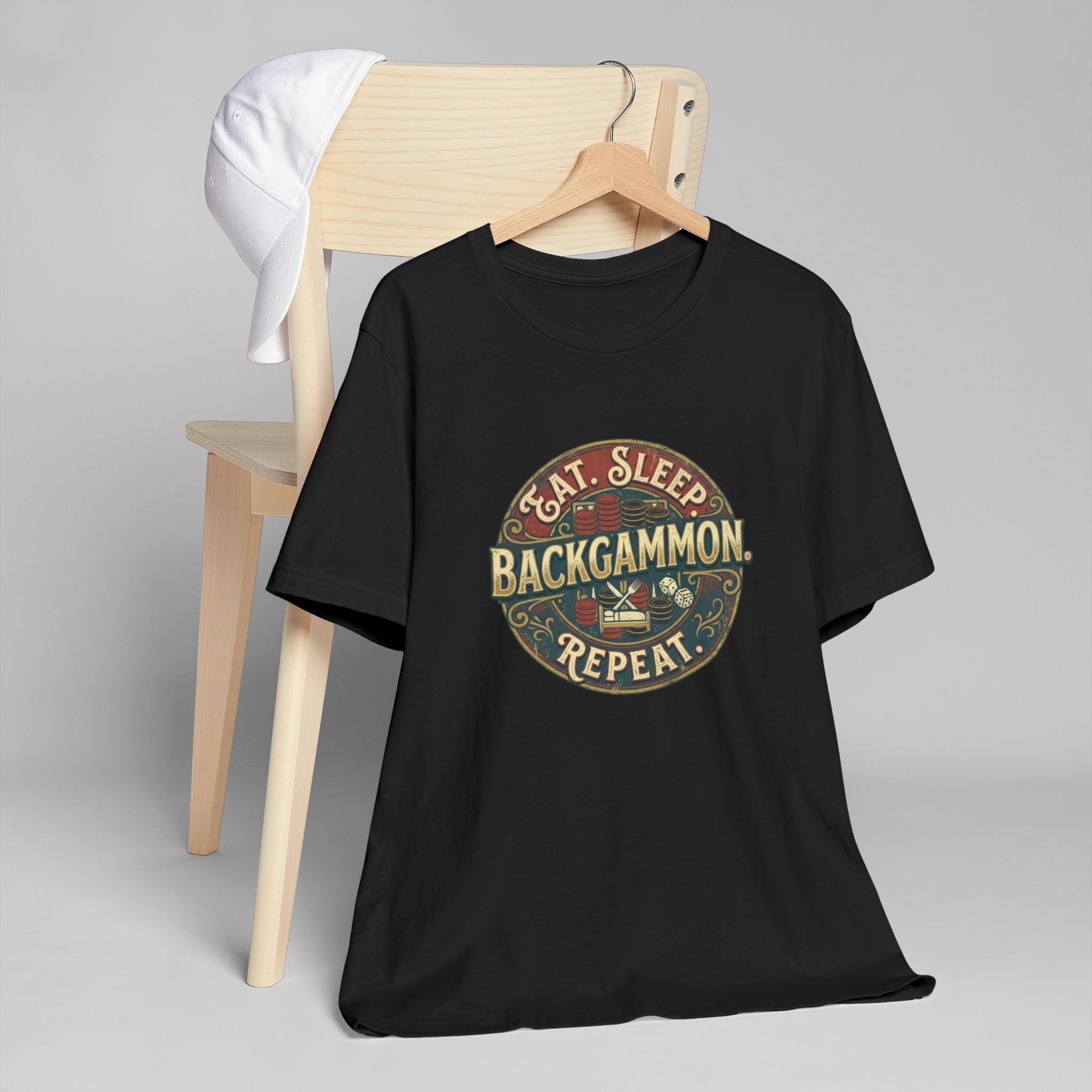 Eat. Sleep. Backgammon. Repeat. Unisex Jersey T-Shirt — Vintage Game Tee