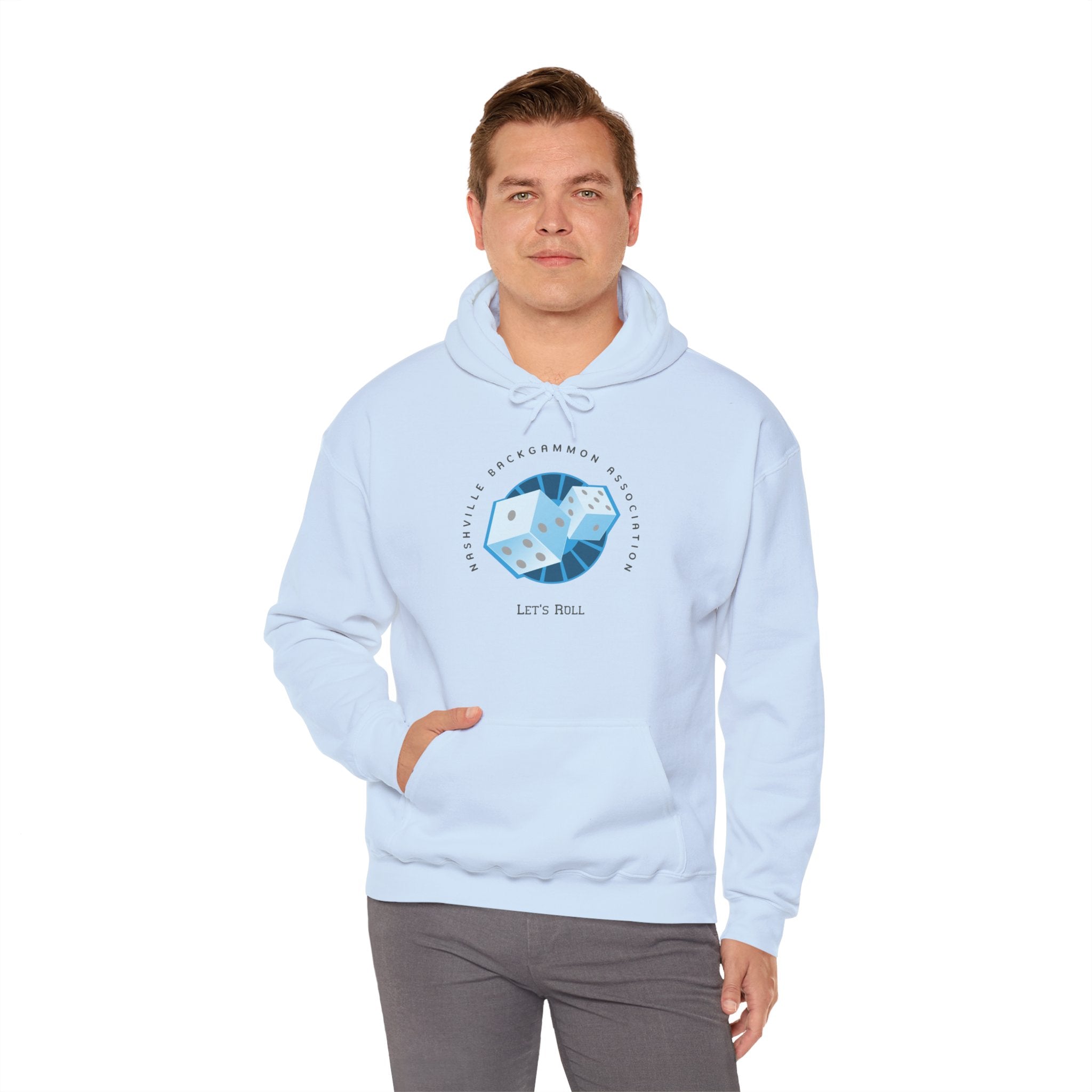 Nashville Backgammon Association Hoodie - 'Let's Roll' Blue Dice Graphic Gaming