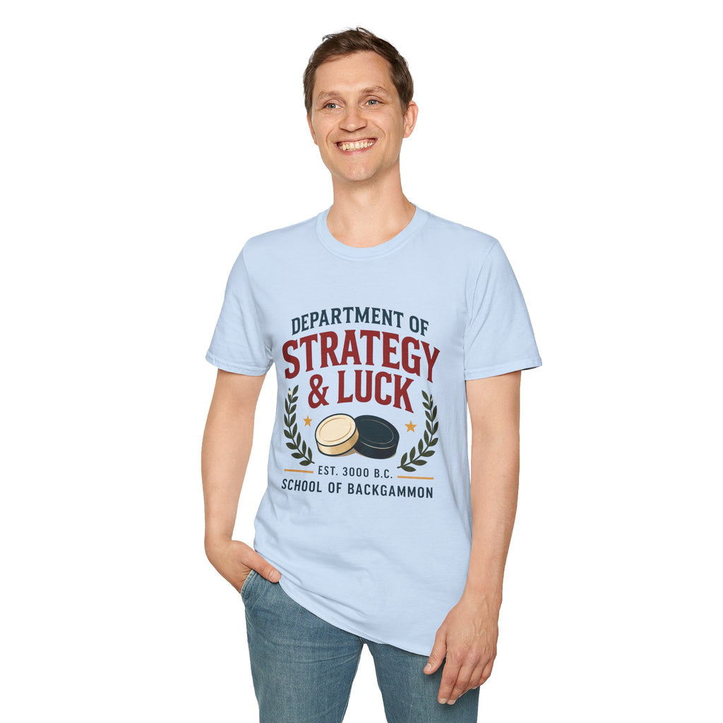 Backgammon T-Shirt — "Department of Strategy & Luck" Vintage Game Tee