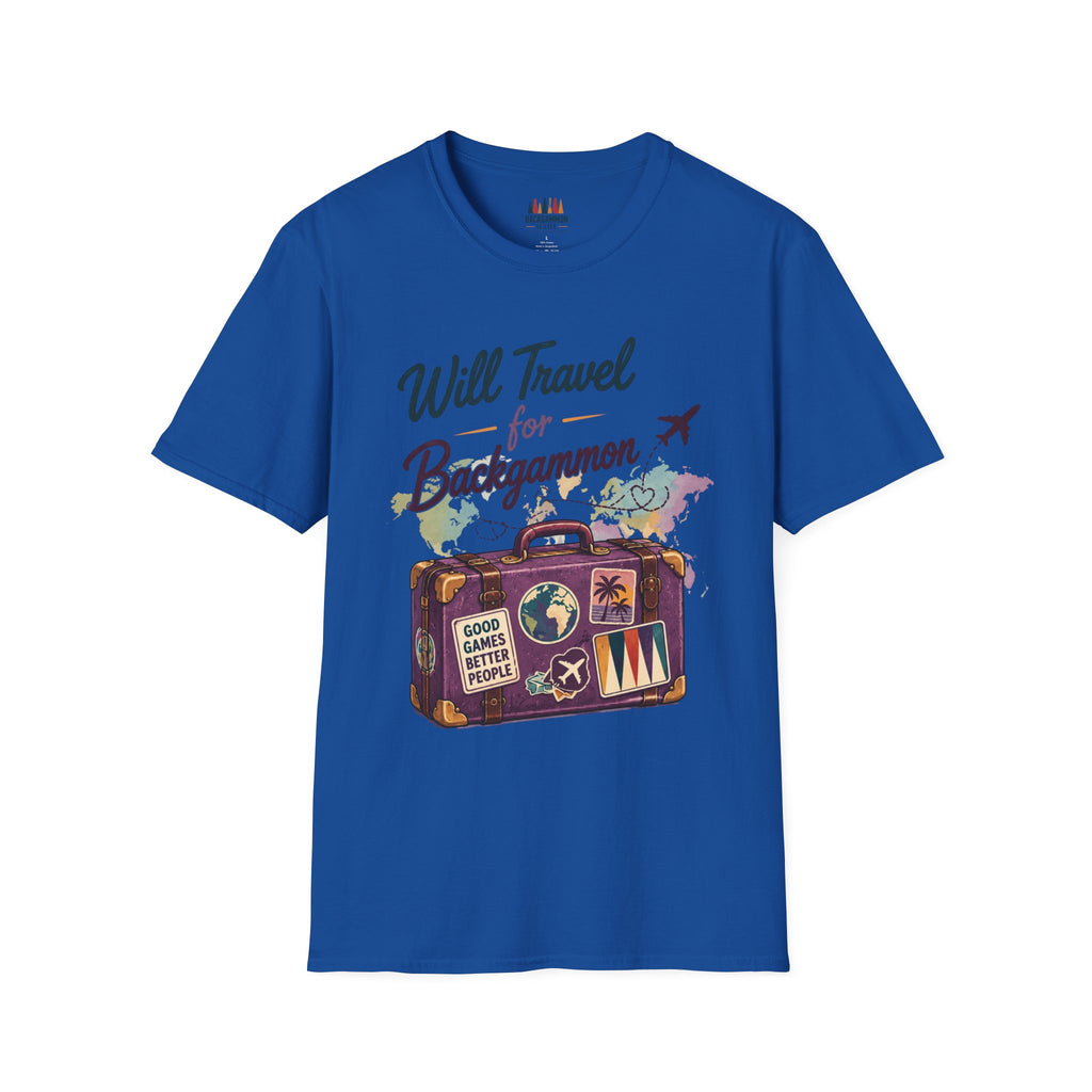 Backgammon Travel T-Shirt — "Will Travel for Backgammon" Vintage Suitcase Design