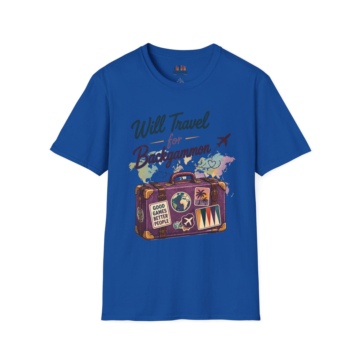 Backgammon Travel T-Shirt — "Will Travel for Backgammon" Vintage Suitcase Design