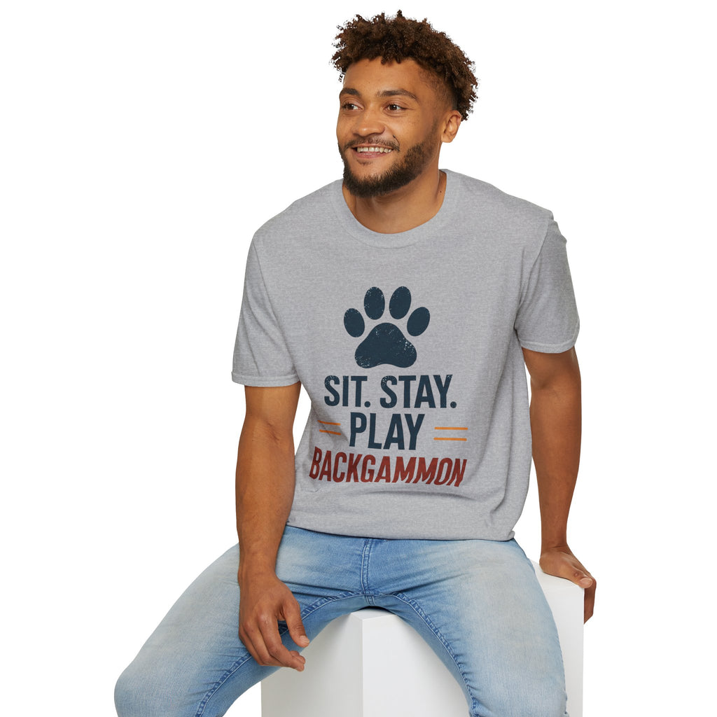 Backgammon T-Shirt — "Sit. Stay. Play Backgammon" Paw Print Tee