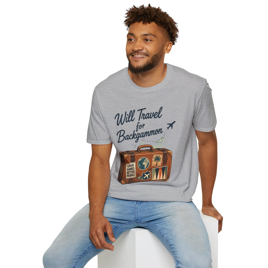 Backgammon Travel T-Shirt — "Will Travel for Backgammon" Vintage Suitcase Design