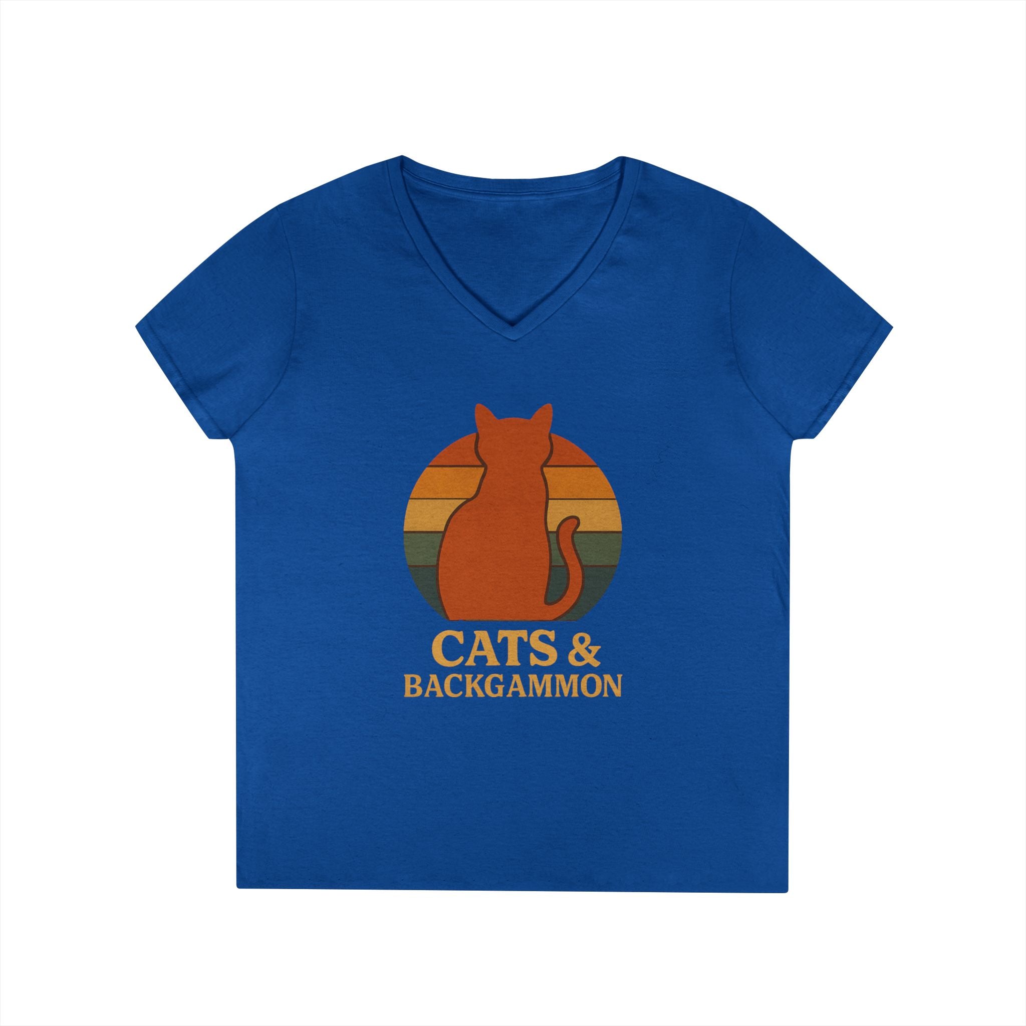 Cats & Backgammon ladies V-Neck Tee — Retro Cat Graphic Shirt for Players & Cat Lovers