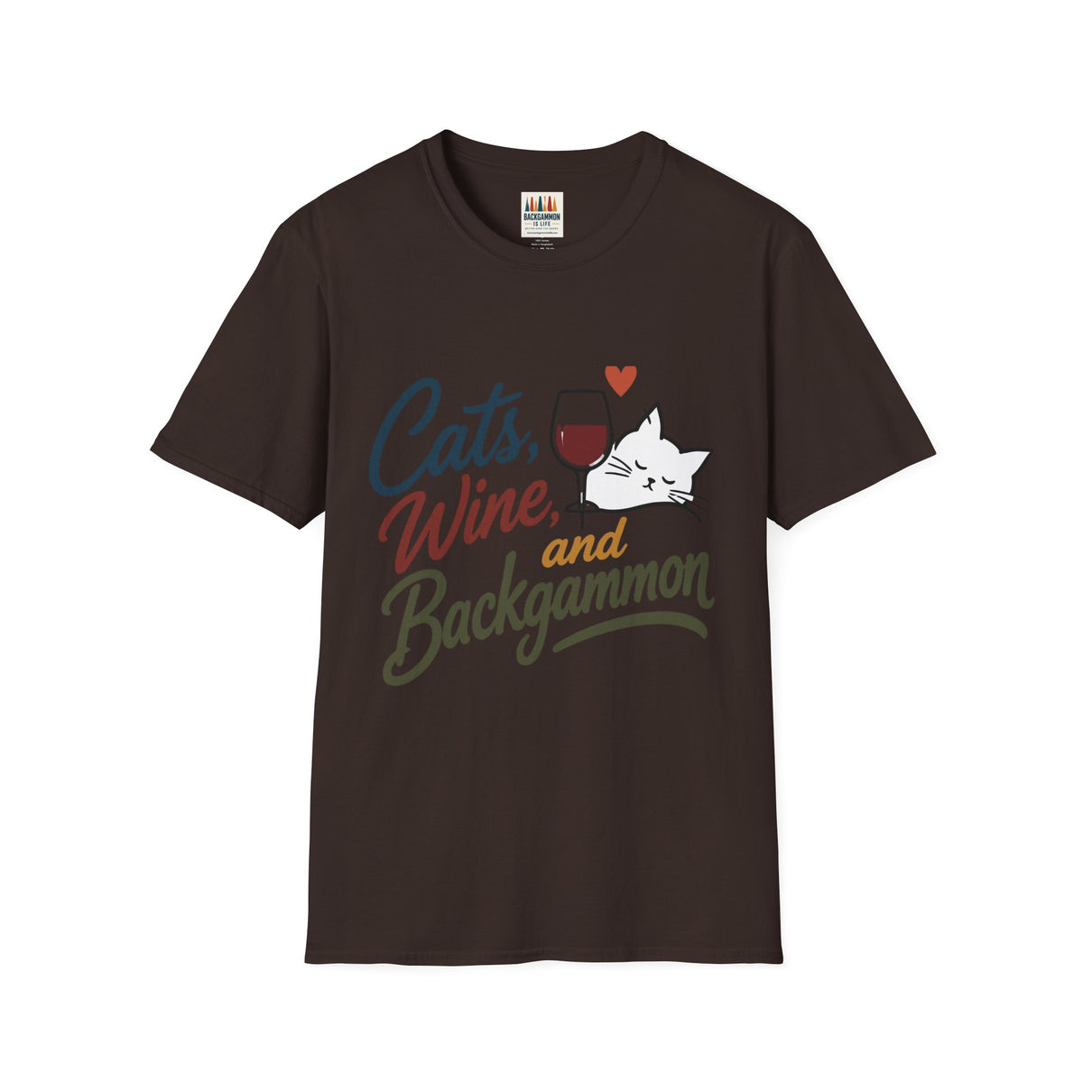 Cats, Wine & Backgammon T-Shirt — Funny Cat Lover Graphic Tee