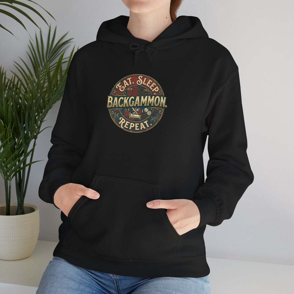 Eat. Sleep. Backgammon. Repeat. Unisex Heavy Blend™ Hooded Sweatshirt - Vintage Game Night Sweatshirt
